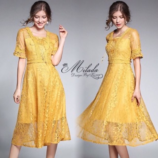 Dress ลูกไม้อิตาลี่ คอเหลี่ยมแขนสั้น