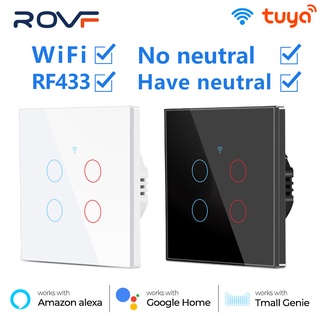 Rovf Tuya WiFi RF433MHz (ไม่ต้องใช้สายกลาง) สวิตช์ไฟติดผนัง 1 2 3 4 Gang tmall genie Glass 220V Timing Googl