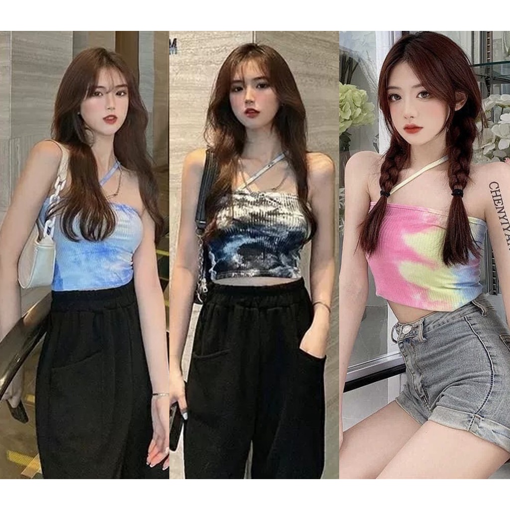 ส่งด่วน เสื้อเอวลอย ผ้าร่องลายมัดย้อมสายไขว้ ต้อนรับsummerจ้าาตรงปกสุดๆ(เสื้อมัดย้อม)