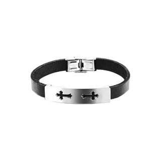 TANITTgems สร้อยข้อมือหนังแท้แต่ง Stainless steel ลายกางเขน - Black