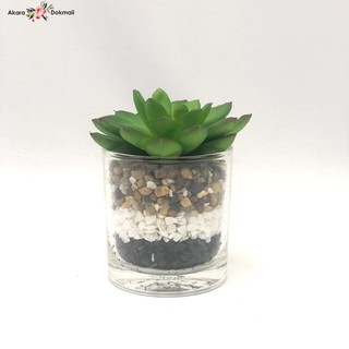 OrientalFineArt กุหลาบหินปลอมพร้อมแก้ว แต่งด้วยหิน 3 สี 3 ชั้น Echeveria plant แคคตัสปลอมพร้อมแก้ว สำหรับวางประดับตกแต่ง