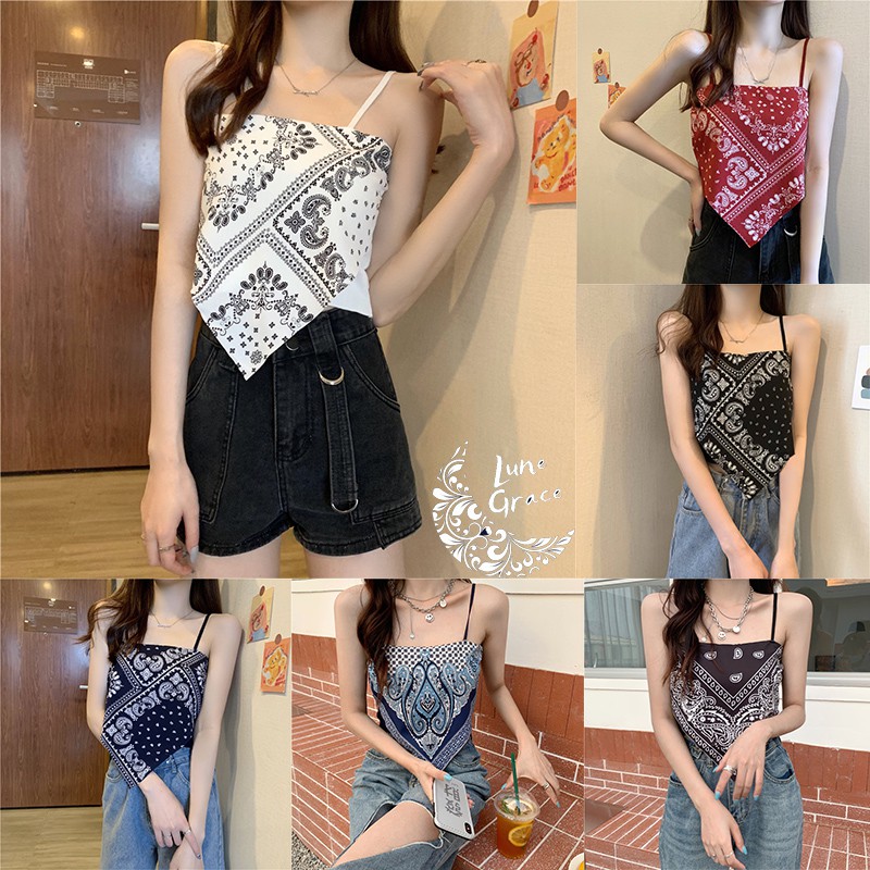 Lune_Grace 32036 เสื้อสายเดี่ยว เสื้อครอป ท็อปเอวลอยแต่งทรงสามเหลี่ยมเก๋ๆ สไตล์เกาหลี เซ็กซี่