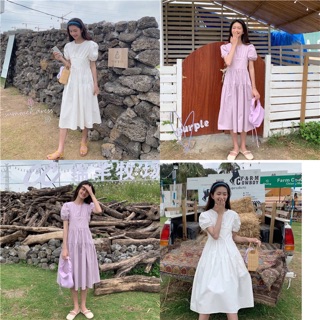 🎄 Kayla ribbon dress ชุดเดรสยาว ผูกโบว์หลัง มี2สี ขาว ม่วง เนื้อผ้าโพลีเอสเตอร์ผสม ไม่มีซับใน 🌈