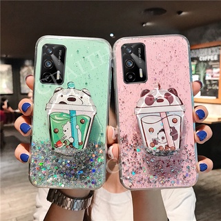 New Style เคสโทรศัพท์ Realme GT 5G C17 C12 C11 X7 7 Pro 7i Narzo 30A 20 Pro 2021 Case Cute Cartoon Bears Design Quicksand Bracket Phone Casing With Stand Holder For Mi Soft Clear Bling Glitter Back Cover เคส RealmeGT