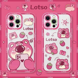 เคสโทรศัพท์มือถือ ซิลิโคนนุ่ม TPU ใส กันกระแทก ลายหมีสตรอเบอร์รี่น่ารัก สําหรับ iPhone 14 13 12 Mini 11 Pro X XR XS Max SE 6 6S 7 8 Plus