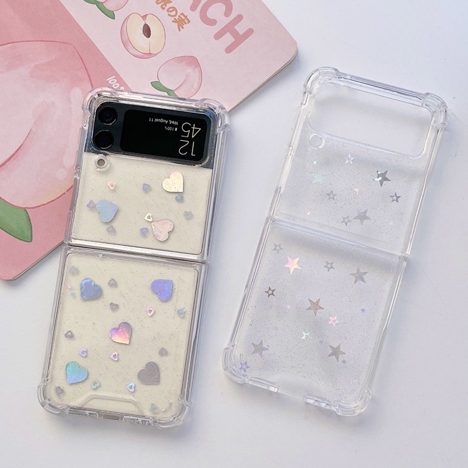 เคสโทรศัพท์ อีพ็อกซี่ ใส กันกระแทก ลายหัวใจ ดาว กลิตเตอร์ฟอยล์สีเงิน หรูหรา สําหรับ Samsung Galaxy Z Flip 5 Z Flip 3 Z Flip 4 Samsung Z Flip4