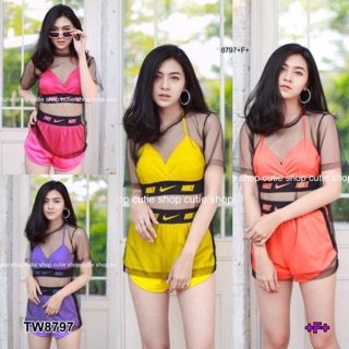 Set 3 ชิ้น บรา+เสื้อคลุมตาข่าย+กางเกงขาสั้น TW8797