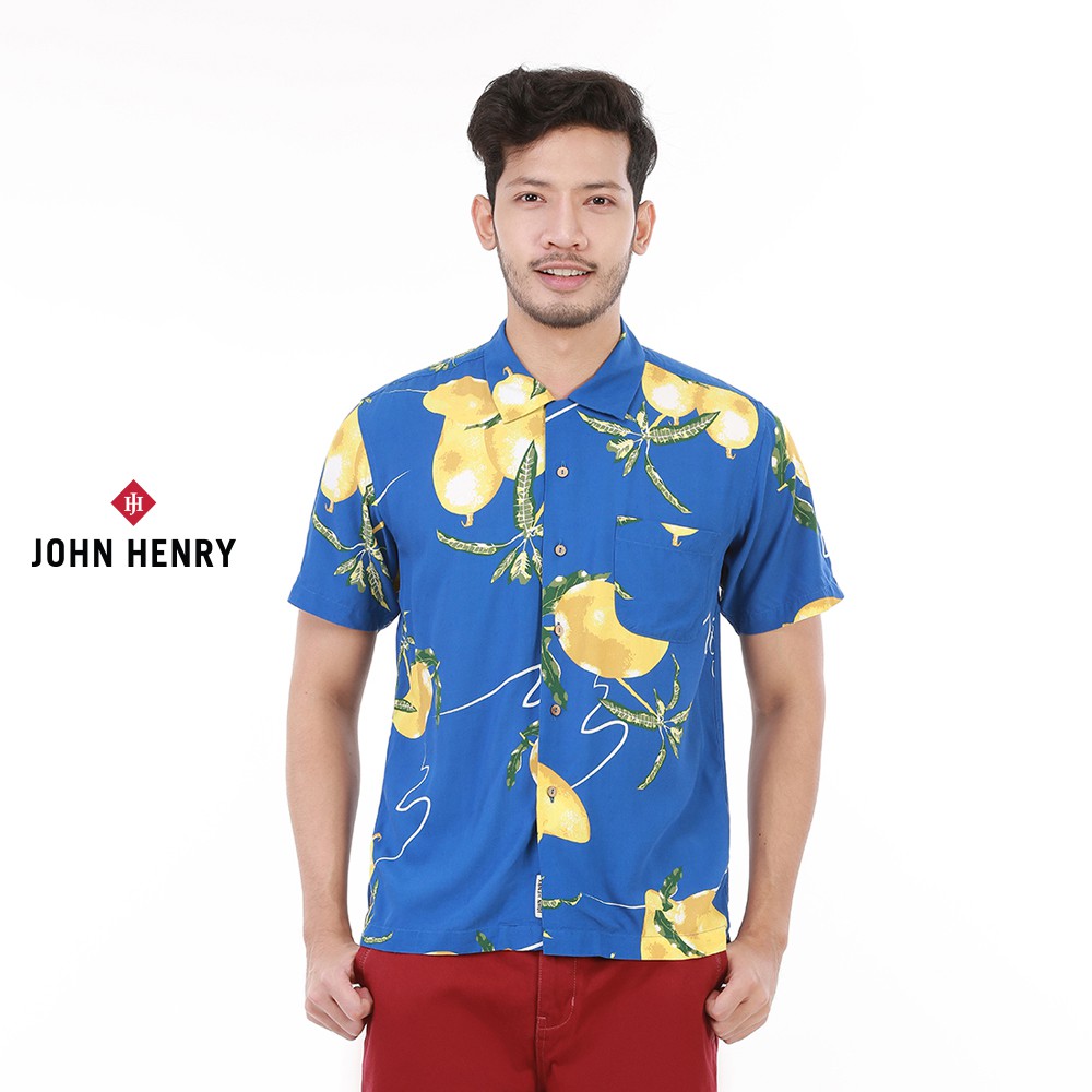 John Henry   เสื้อเชิ้ตฮาวายผ้าเรยอน 100% รุ่น JH S9SS0004-RG  - สีฟ้า