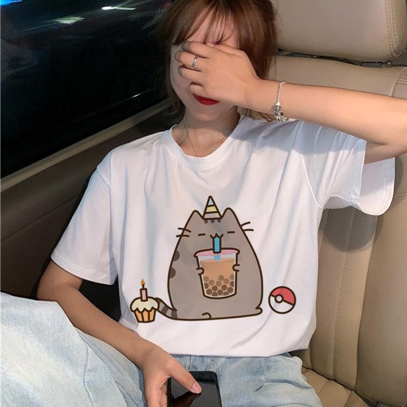 Pusheen เสื้อยืดผ้าฝ้ายคอปกสําหรับผู้หญิงเสื้อยืด