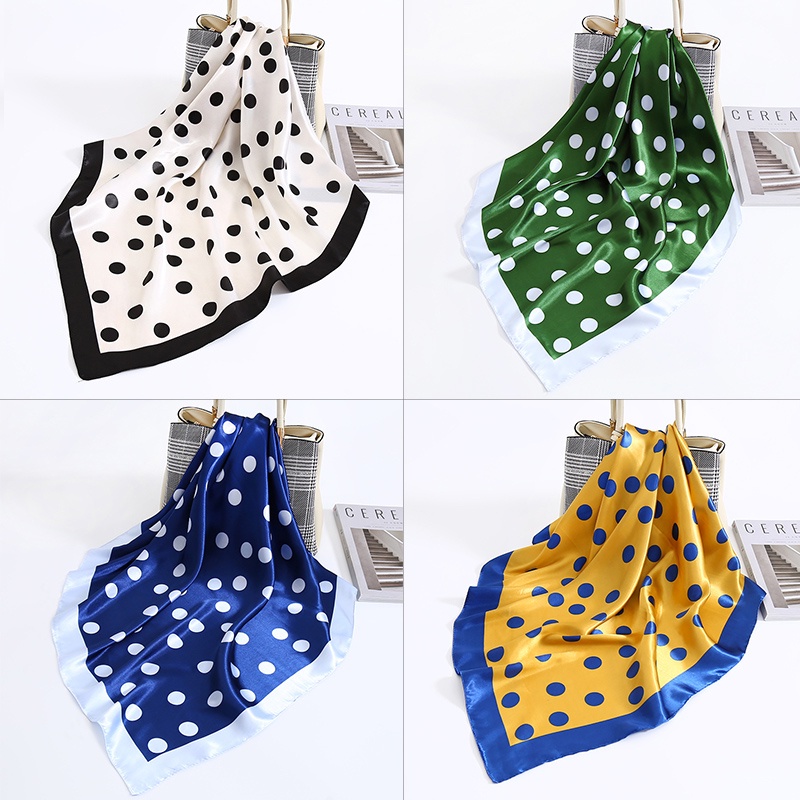 Shenyue 90x90 ซม. ผ้าพันคอลายจุดสุภาพสตรีทรงสี่เหลี่ยมเลียนแบบผ้าไหม Sation Hijab