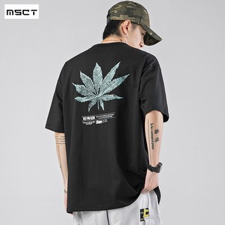 🎉hot sale MSCT กีฬาน้ำยี่ห้อใบกัญชาที่เรียบง่ายแขนสั้นเสื้อยืดชายออกกำลังกายหลวมสไตล์ฮ่องกง INS ป่าครึ่งแขนเสื้อยืดเสื้