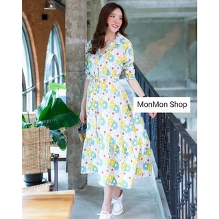 MONMONSHOP👗MON5732 แม็กซี่เดรสเชิ้ตพิมพ์ลายดอกไม้ทั้งตัว งานสวยเวอร์วังมากๆนะคะ ช่วงชายแต่งระบายเก๋ๆค่ะ