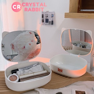 CRYSTAL RABBIT กระจกแต่งหน้า แบบตั้งโต๊ะ ขนาดเล็ก สามารถพับ ชั้นวางเครื่องสำอางมีลิ้นชักIns สไตล์โต๊ะเครื่องแป้งกระจกพับกระจกแต่งหน้าห แจกสติ๊กเกอร์