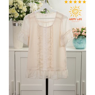 grove เสื้อมือสอง ผ้าชีฟอง คอสี่เหลี่ยม ผ้าใส่สบายไม่ร้อน  น่ารัก  แขนระบาย เสื้อสีน้ำตาล ไซ้ส์L สภาพดี สไลด์รูปดูขนาด
