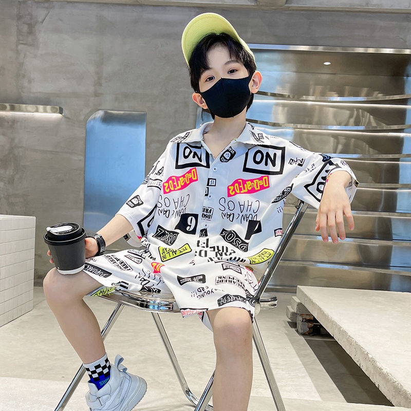 Ones💚พร้อมส่ง💚# คุณภาพสูง # ชุดเสื้อเชิ้ตแขนสั้นเด็กชายเด็กฤดูร้อนใหม่ชุดสองชิ้นหล่อและทันสมัย