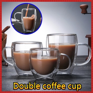 Creative Double Glass Cup Coffee Cup Mug Tea Cup Kitchen Cold Drink Heat-resistant Milk Cup with Handle Juice Cup Couple Gift 玻璃杯 咖啡杯【bluesky1990】