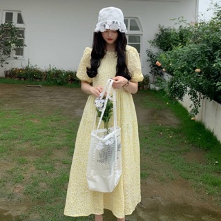 🌼 Daisy yellow ribbon dress ชุดเดรสยาว ลายดอกไม้สีเหลือง ผูกต้นคอหลัง มีซับใน เนื้อผ้าชีฟองผสมชิฟฟ่อนหนา 🌈