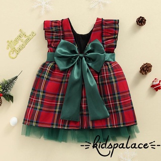 BbQ-Toddler Girl Christmas Dress, Ruffle Sleeve Round Neck Back Bow Plaid Print Dress