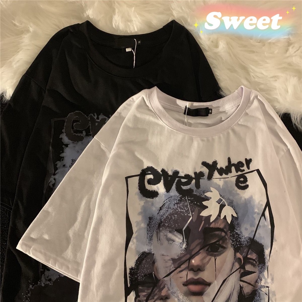 Sweet 👑เสื้อยืด everywhere  แนวดาร์ก ผู้หญิงโอเวอร์ไซส์ งานสกีนมาตรฐาน เนื้อผ้าเด้ง ผ้าโปร่ง E50