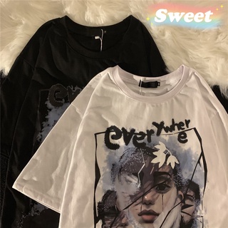 เสื้อยืดระบายอากาศฤดูร้อนSweet 👑เสื้อยืด everywhere  แนวดาร์ก ผู้หญิงโอเวอร์ไซส์ งานสกีนมาตรฐาน เนื้อผ้าเด้ง ผ้าโปร่ง E