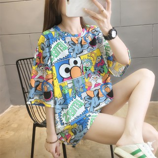 เกาหลี  ล่าสุด  Sesame Street  ภาพการ์ตูน  Oversized  แขนสั้น  เสื้อยืด  2สี  M~2XL