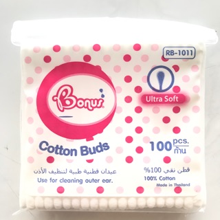 Bonus Cotton Buds สำลีก้านพลาสติก ผลิตจาก ฝ้าย ปราศจากสารเรืองแสง สะอาด นุ่ม บริสุทธิ์ 100ก้าน ที่ปั่นหู