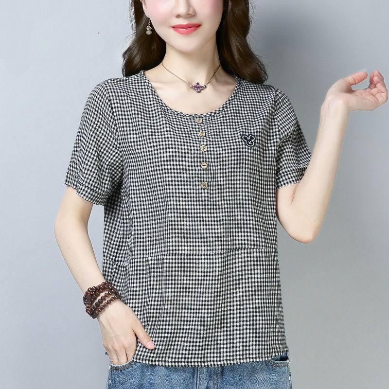 TTOO ลายสก๊อตเล็กเสื้อผู้หญิงฤดูร้อนแขนสั้น สไตล์เกาหลีรุ่นหลวมขนาดใหญ่เสื้อ รุ่น-318