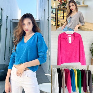 📌เสื้อครอปแขนยาว คอวีลึก ผ้าKnit นำเข้าเกรดพรีเมี่ยม เนื้อผ้าไม่หนา แต่งขอบแขนขอบชาย