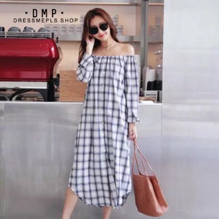 Maxi Dress สไตล์เชิ๊ต ดีไซน์เกาะไหล่ ผ้าพิมพ์ลายสก๊อตโทนสีน้ำเงิน