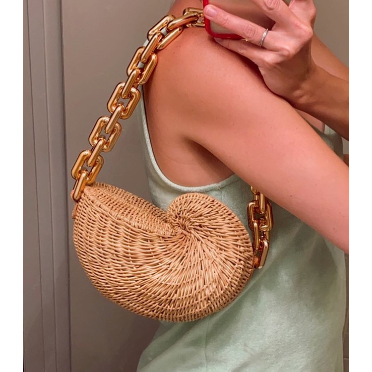 2022 Summer Women Shoulder Bag Brand Design Thick Chains Straw Rattan