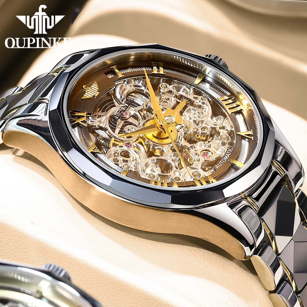OUPINKE Top Brand Luxury Men Automatic Mechanical Watch Skeleton Tungsten  Steel Waterproof Self-Wind Sapphire Glass | Shopee Thailand