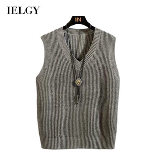 Ielgy เสื้อกันหนาวแขนกุด คอวี ผ้าถัก ทรงหลวม เข้ากับทุกการแต่งกาย สไตล์ฮ่องกง แฟชั่นสําหรับผู้ชาย