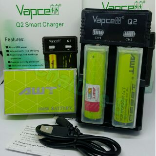 (Q2+AWTเขียว) ชุดชาร์จ Vapcell Q2 พร้อมถ่าน AWT เขียว 2,400mAh 40A (2ก้อน)