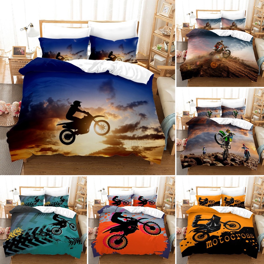 Motorcycle Motocross Duvet Cover King/Queen Size,Teens Racing Dirt Bike Bedding,Motorbike Vehicles E