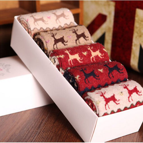 ถุงเท้าผ้าขนสัตว์อบอุ่นสไตล์คริสต์มาสกวางเกล็ดหิมะถุงเท้ากีฬาสําหรับสตรี