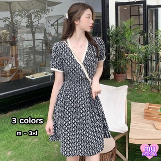 🎴MYF มาใหม่🎴ชุดเดรสคอวีแขนสั้น ลายวงแหวนกลมๆ ทรงชายบาน 3 สี