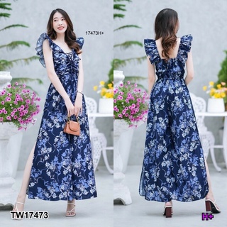 TW17473 Jumpsuit จั้มสูทขายาว ผ่าข้าง อกยืดสม็อค ร้องเชือก ไหล่ 2 ข้าง ยืดแต่งระบาย ผ้าไหมอิตาลี่ พิมลายผ้าไหมอิตาลี่