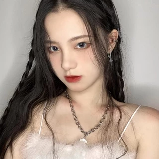 Roselife ต่างหูโซ่ห้อยจี้ไม้กางเขนสีเงินสําหรับผู้หญิง 1 คู่