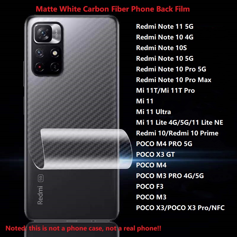 ฟิล์มคาร์บอนไฟเบอร์สีขาวด้านสําหรับ Redmi Note 11 10 10S Pro Max S2 Xiaomi Mi 11 Ultra Lite Ne 11T 10T Pro Poco M4 M3 Pro X3 Nfc 4G 5G