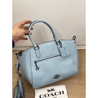 (ผ่อน0%) กระเป๋าสะพายข้าง COACH Ladies Elise Satchel in Gunmetal/Marine Pebble Leather 79316 หนังแท้สีฟ้า ทรงพัด งานshop