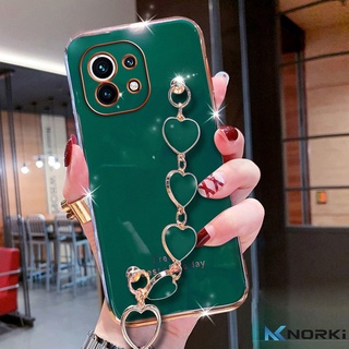 เคสโทรศัพท์มือถือนิ่ม ชุบหรูหรา ลายหัวใจ พร้อมสายโซ่คล้องมือ สําหรับ Xiaomi Mi 11 11Lite 11T Pro 11X Xiaomi Mi 10T Pro 10Lite