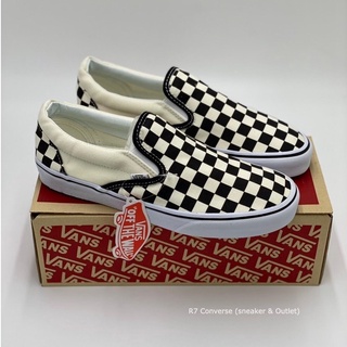 [พร้อมส่ง] รองเท้าผ้าใบ Slip On Checkerboard สสลิปออนตารางหมากรุก (สีครีม-ดำ) สินค้าพร้อมกล่อง มีเก็บปลายทาง