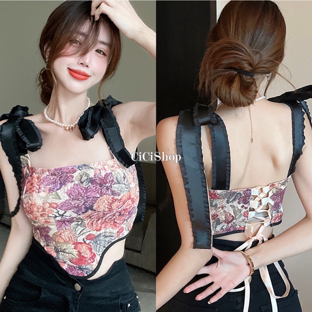 Cicishop( 010)สายเดี่ยวแต่งโบว์ไหล่ ลายดอกไม้ เชือกมัดด้านหลัง เซ็กซี่ เผ็ดวสายฝอห้ามพลาด