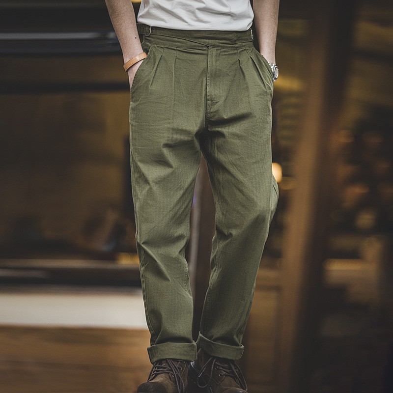 Retro Workwear สไตล์ชายหนุ่มผู้ใหญ่สุภาพบุรุษ American World War II เอวสูง Gurga army กางเกงสีกากีตรง Neapolitan กางเกงชาย Gurkha กางเกง — صورة 6