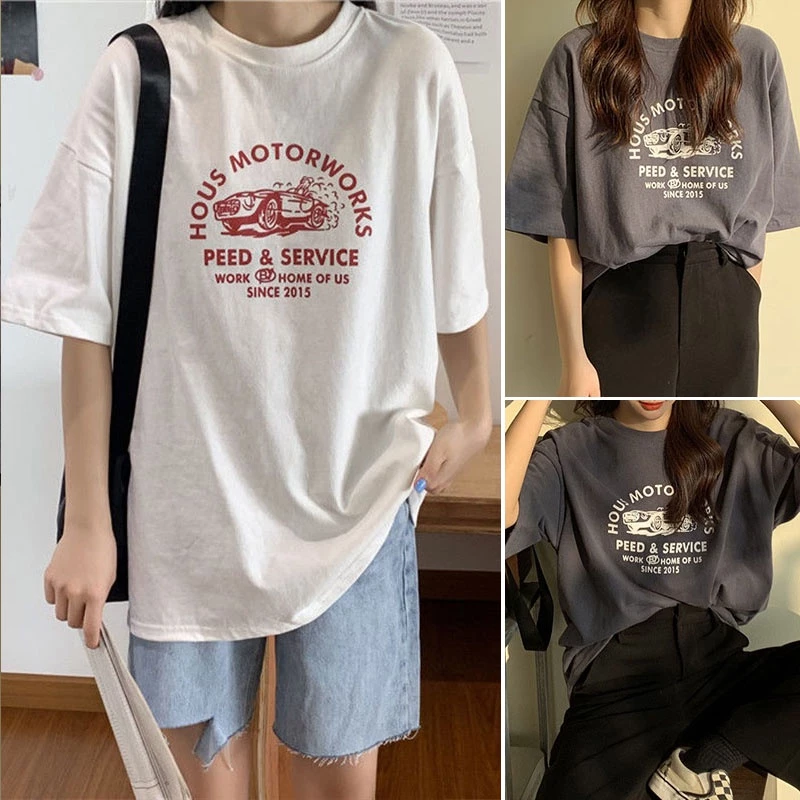 เสื้อยืดไซส์ใหญ่คอกรมผู้หญิง oversize แขนสั้นสไตล์เกาหลี เสื้อผ้าแฟชั่นวัยรุ่นน่ารัก เสื้อโอเวอร์ไซส์สกรีนลายวินเทจ xxl thumbnail 3