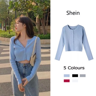 Shein 🔥เสื้อครอป เสื้อคาร์ดิแกน ผ้าไหมพรมแขนยาว ตัวสั้น ติดกระดุมหน้า  คาร์ดิแกนถักสั้นเกาหลี 5203