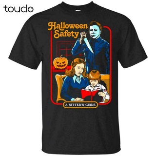 เสื้อยืดโอเวอร์ไซส์เสื้อยืดผ้าฝ้าย 100% พิมพ์ลาย MICHAEL MYERS HALLOWEEN SAFETY A Sitters GUIDE LHZYS-3XL