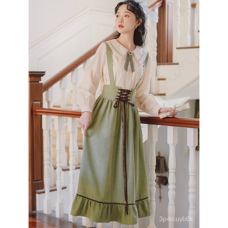 Early Autumn New Women's Clothing Suit French Retro Mori Long Dress Student Girl Cinched Waist Suspenders Dress Two-Piec #7