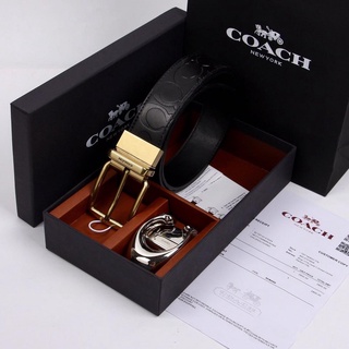 Coach F55157 เข็มขัดผู้ชาย หนังแท้ คลาสสิก หัวเข็มขัดสองชั้น double-buckle leather mens belt