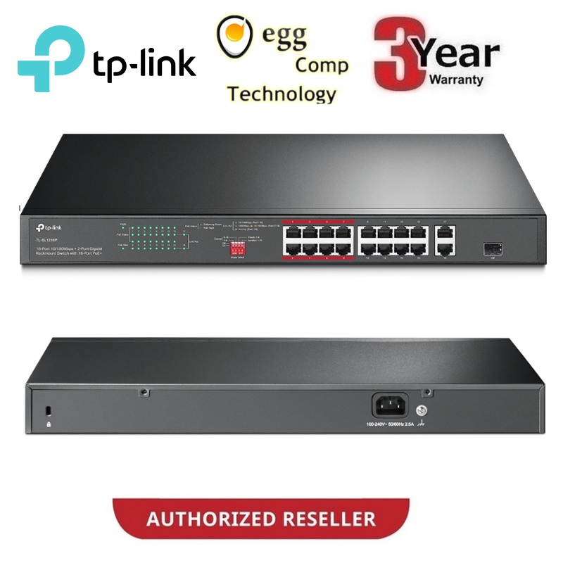 TP-Link 16-Port 10/100Mbps + 2-Port Gigabit Rackmount Switch 16-Port PoE+ (TL-SL1218P)